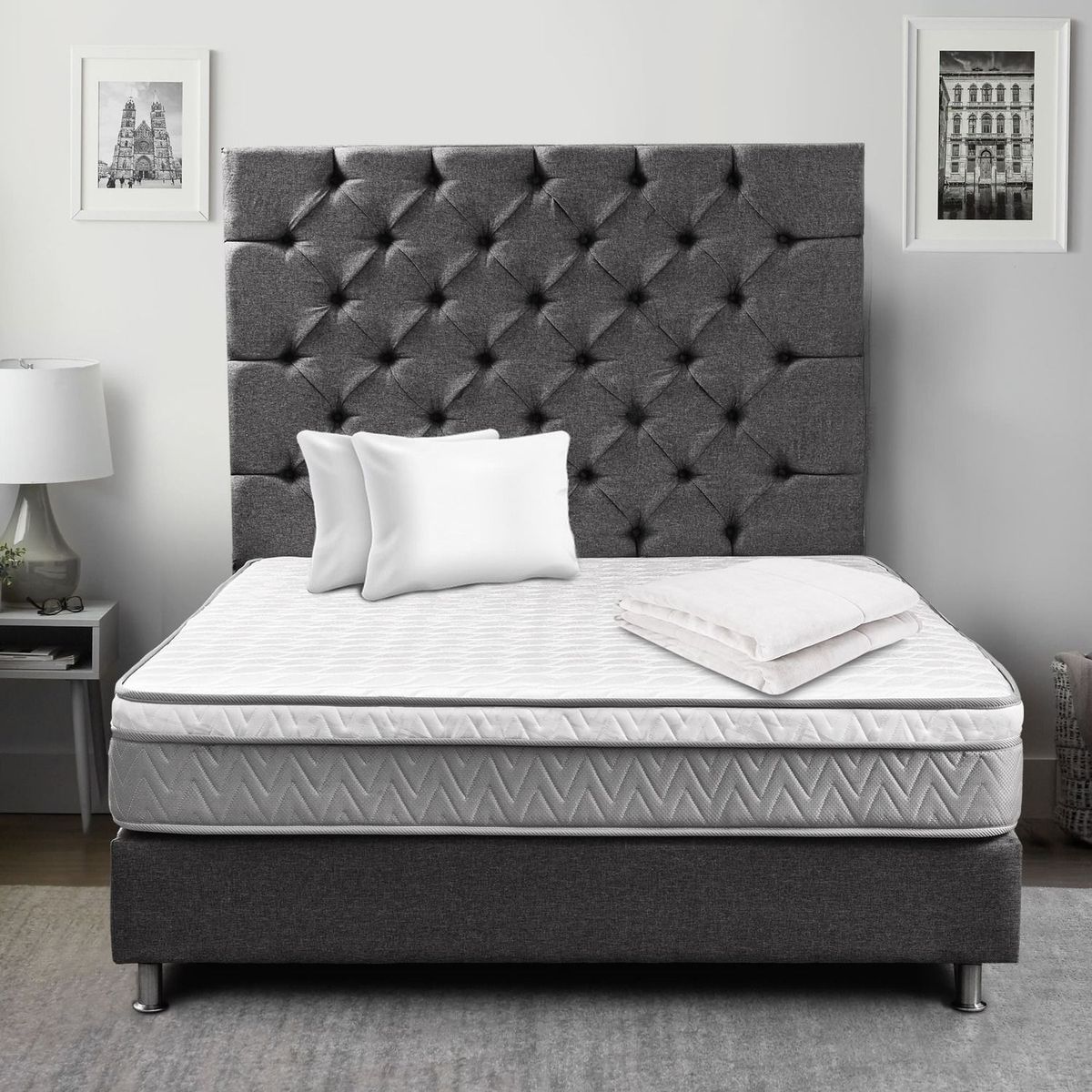 KAIU HOME - COMBO PREMIUM CAPITONIADO BASE+CAB+COLCH+ALM+PROT 120X190