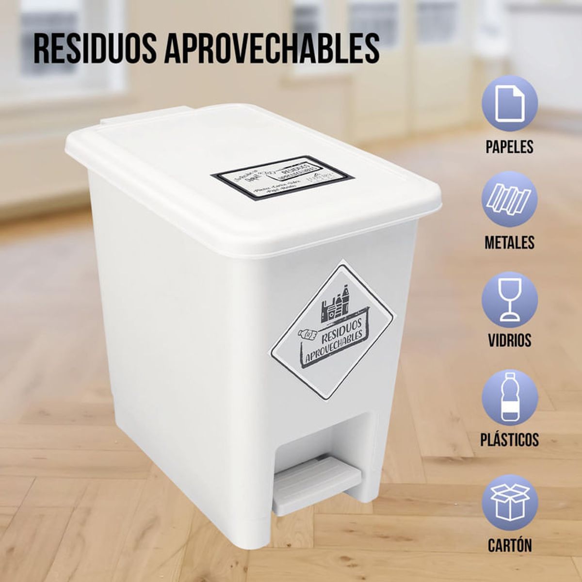 ENERGY PLUS - Caneca de reciclaje plástica blanca papelera con pedal 8 Lts
