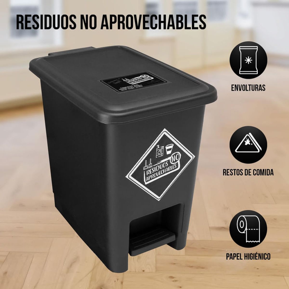 ENERGY PLUS - Caneca de reciclaje plástica negra papelera con pedal 8 Lts