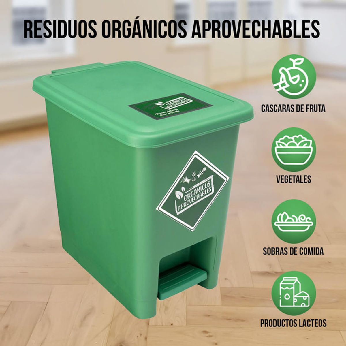 ENERGY PLUS - Caneca de reciclaje plástica verde papelera con pedal 8 Lts