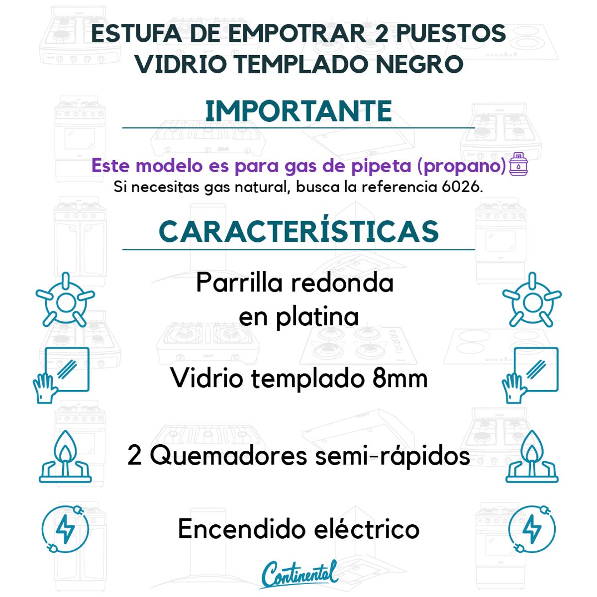 CONTINENTAL - Estufa Empotrar Vidrio Templado 2 Puestos (52x31) cm - Gas Propano 6040