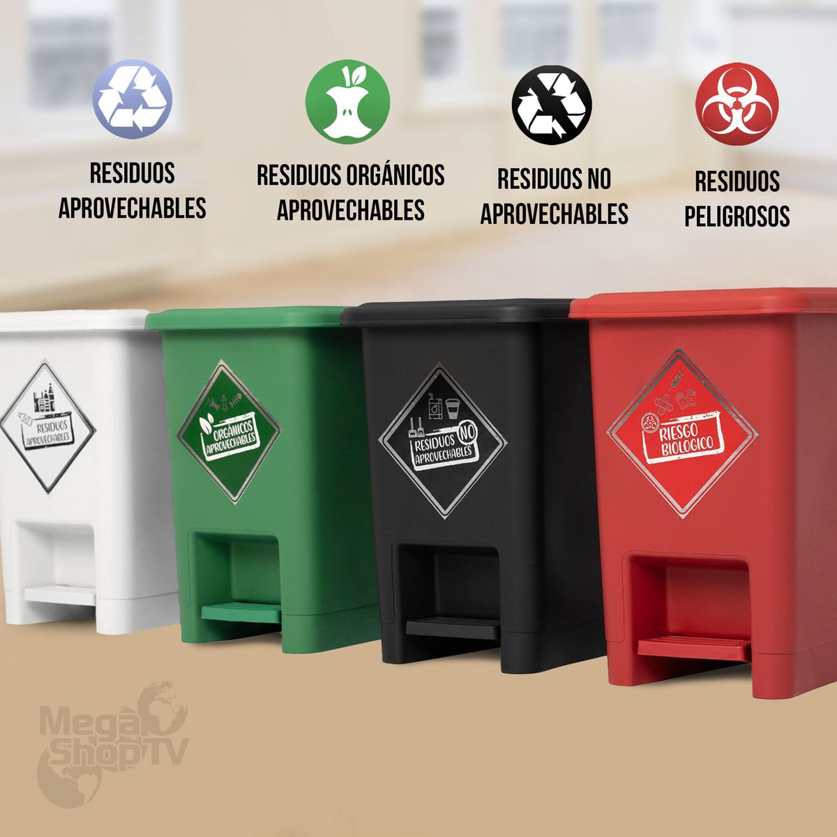 ENERGY PLUS - Punto ecológico de 8Lts con 4 canecas de reciclaje con pedal