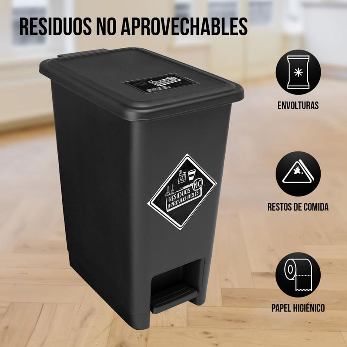 ENERGY PLUS - Caneca de reciclaje plástica negra papelera con pedal 12 Lts