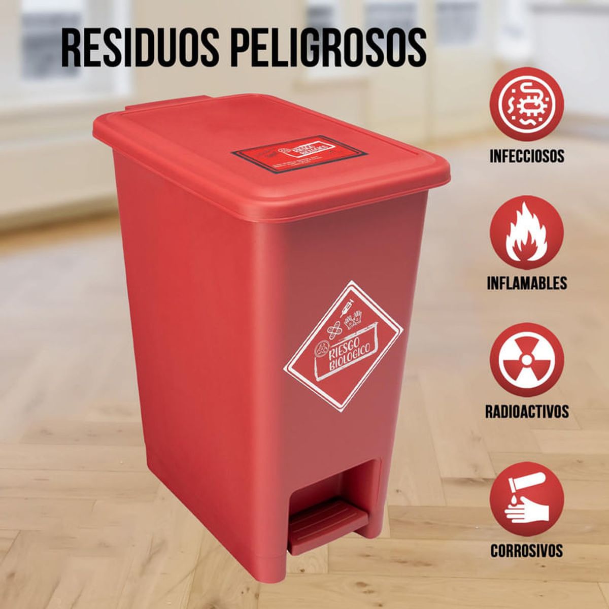 ENERGY PLUS - Caneca de reciclaje plástica roja papelera con pedal 12 Lts