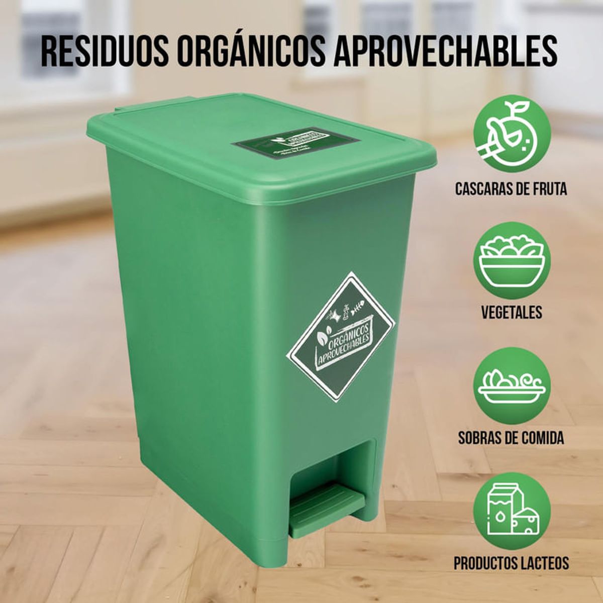 ENERGY PLUS - Caneca de reciclaje plástica verde papelera con pedal 12 Lts