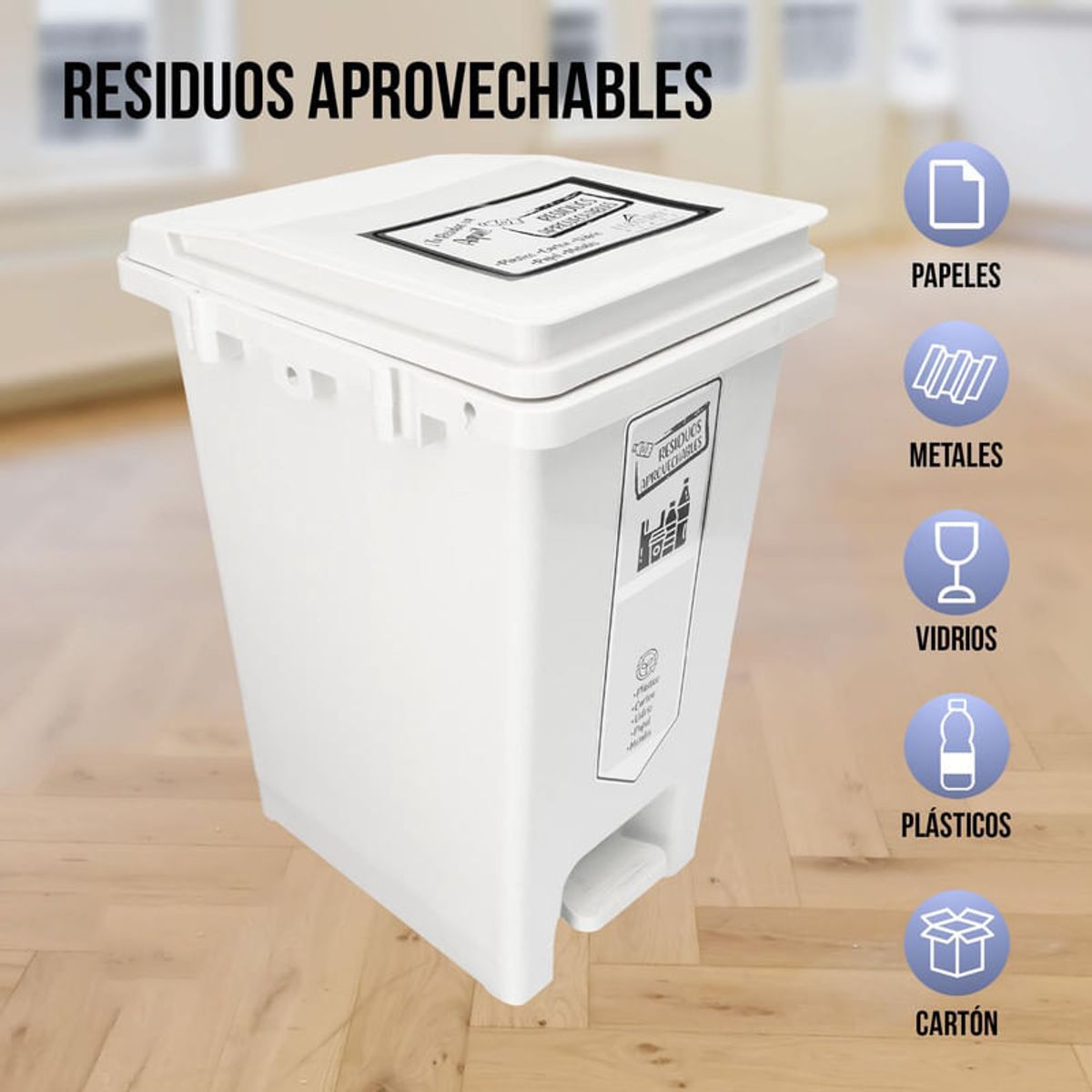 ENERGY PLUS - Caneca de reciclaje 20L con auto enganche plástica blanca