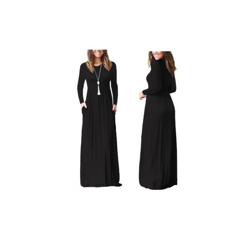 VIA7 - Vestido largo manga larga de bolsillos licra cuello redondo_.