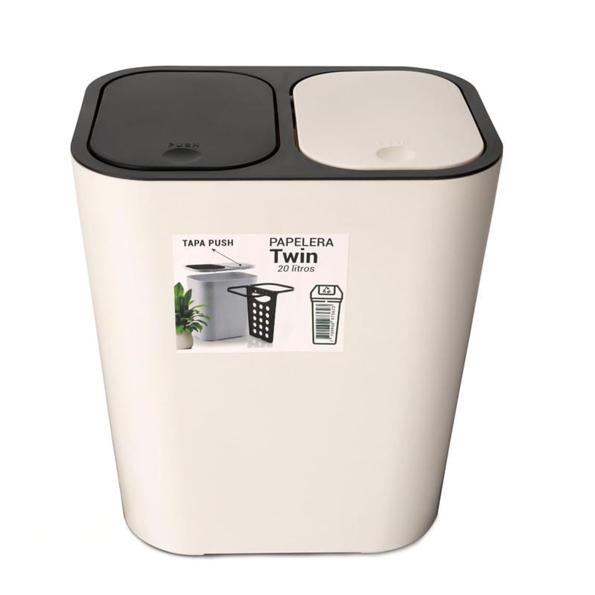 ENERGY PLUS - Cesto de basura 2 compartimientos papelera Push 20L Blanco