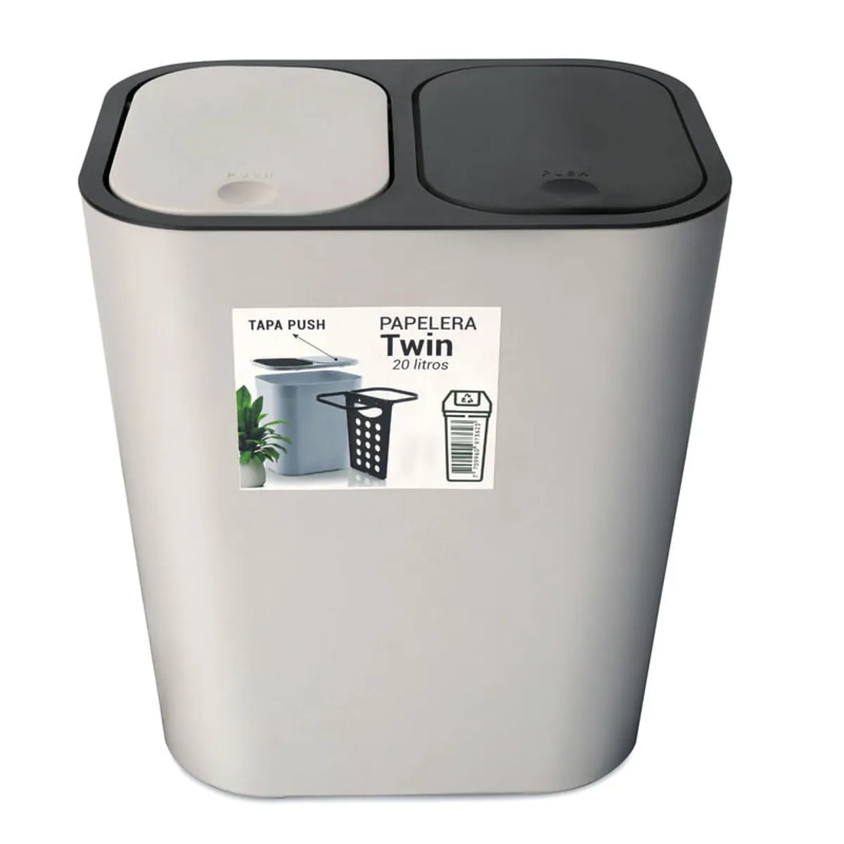 ENERGY PLUS - Cesto de basura 2 compartimientos papelera Push 20L Gris