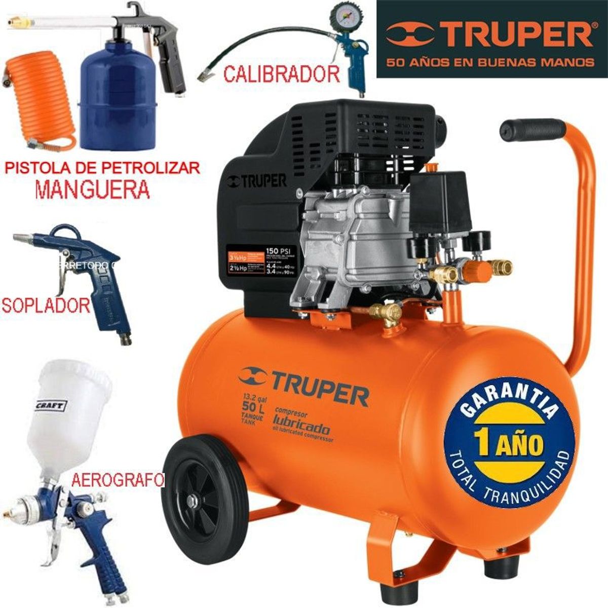 TRUPER - Compresor aire 50 lts 3.5 hp truper gratis combo 5 accesorios
