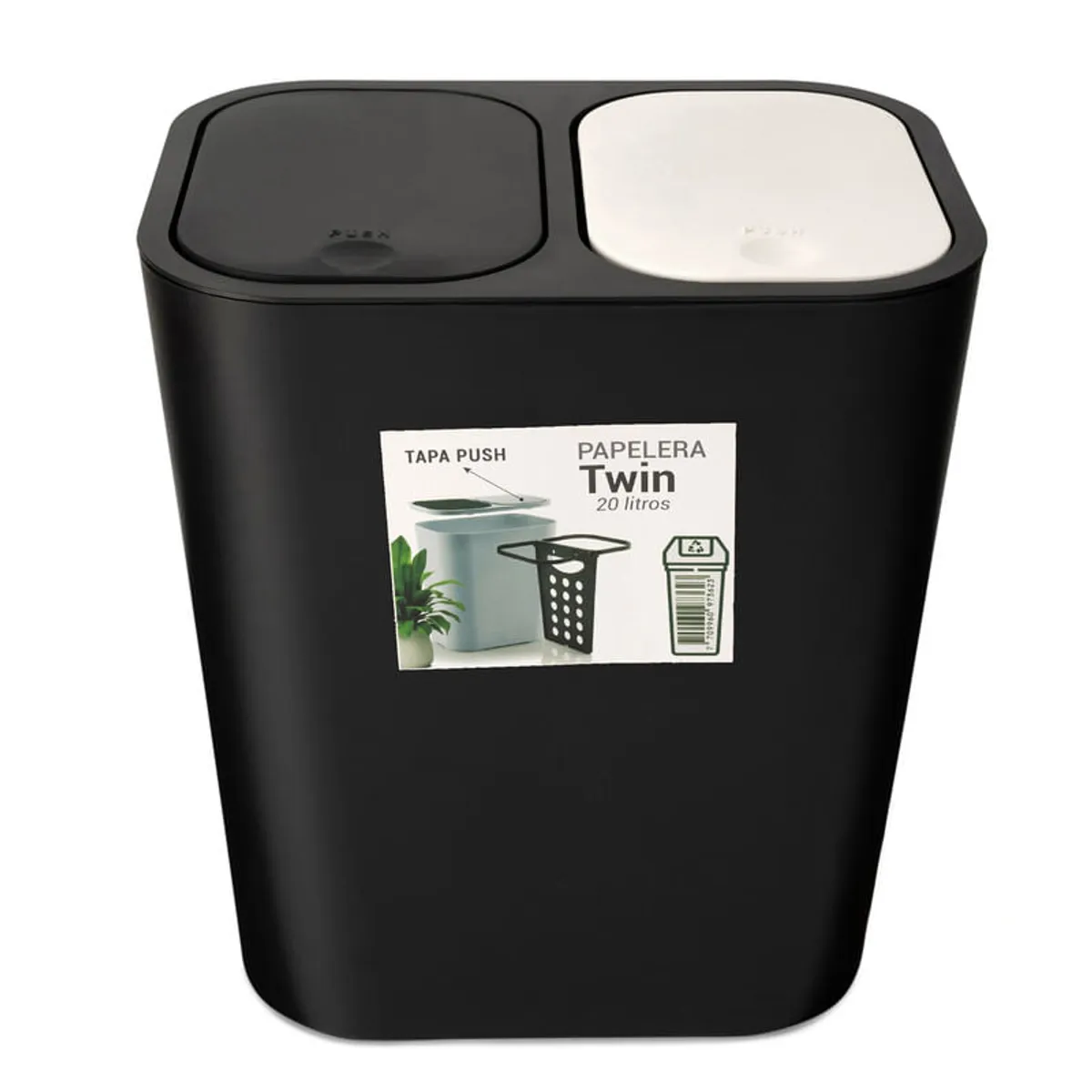 ENERGY PLUS - Cesto de basura 2 compartimientos papelera Push 20L Negro