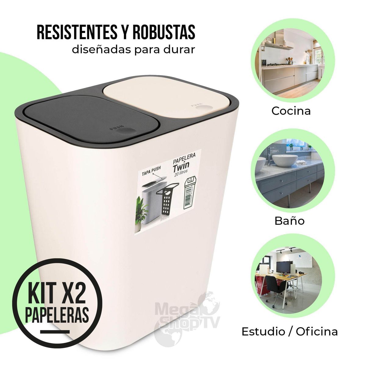 ENERGY PLUS - Kit: 2 papeleras de basura doble compartimiento Push Blanco