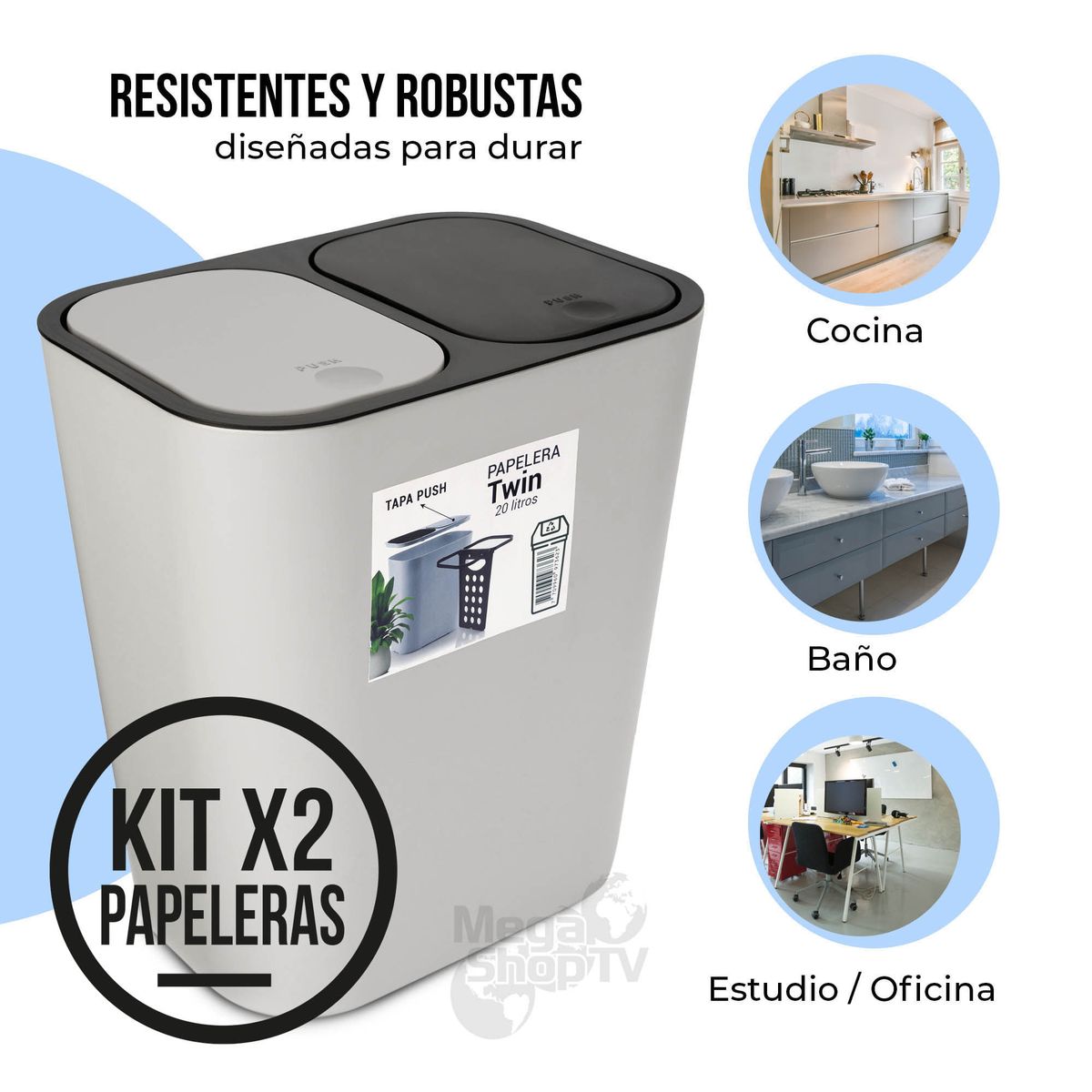 ENERGY PLUS - Kit: 2 papeleras de basura doble compartimiento Push Gris