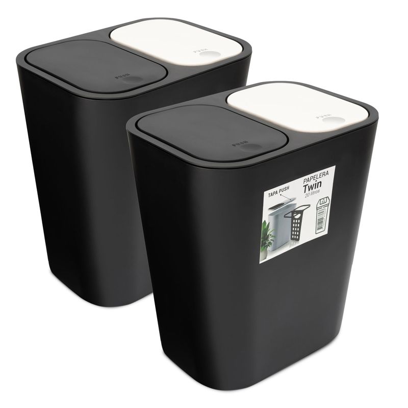 ENERGY PLUS - Kit: 2 papeleras de basura doble compartimiento Push Negro