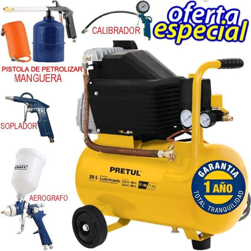 PRETUL - Compresor de aire 20 lts 2.5 hp pretul gratis combo 5 accesorios