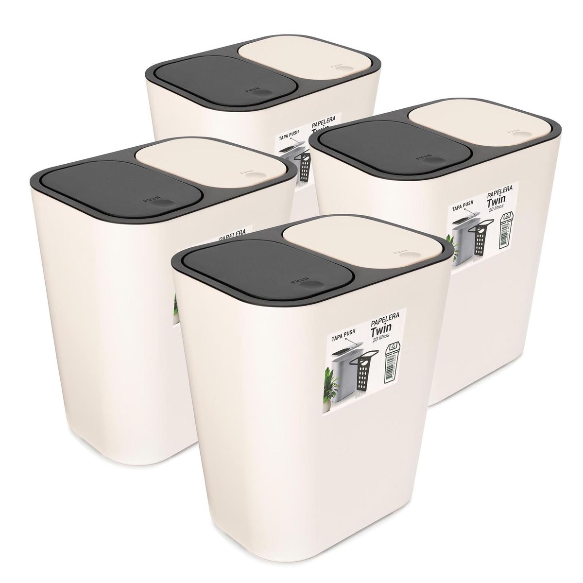 ENERGY PLUS - Kit: 4 papeleras de basura doble compartimiento Push Blanco
