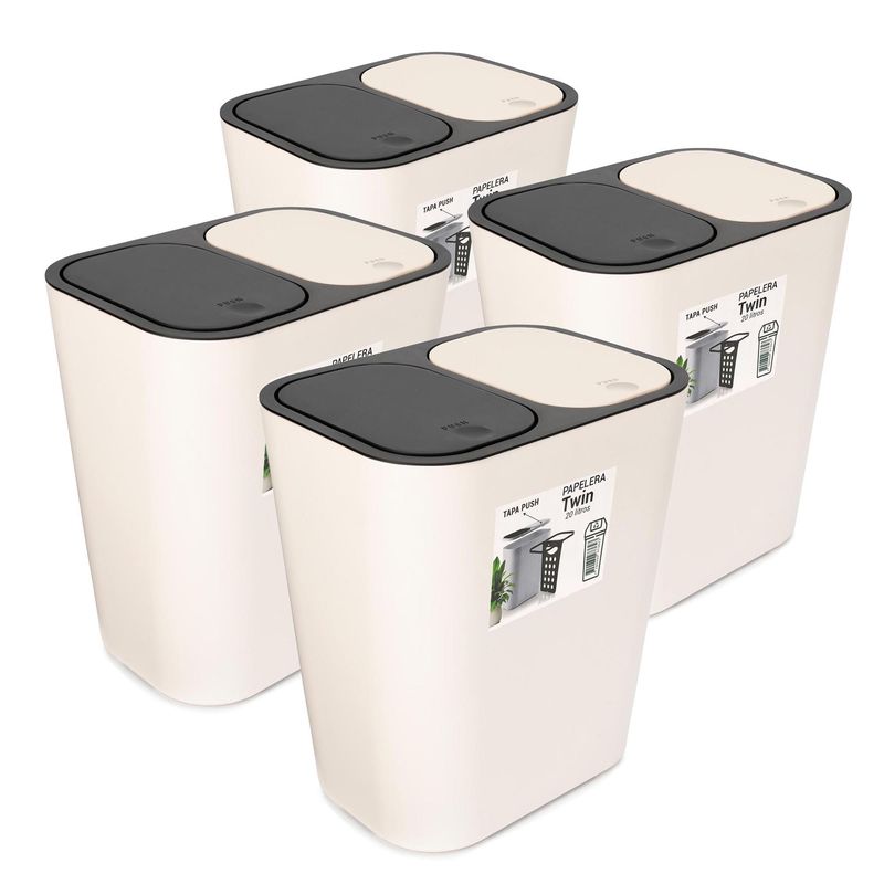 ENERGY PLUS - Kit: 4 papeleras de basura doble compartimiento Push Blanco