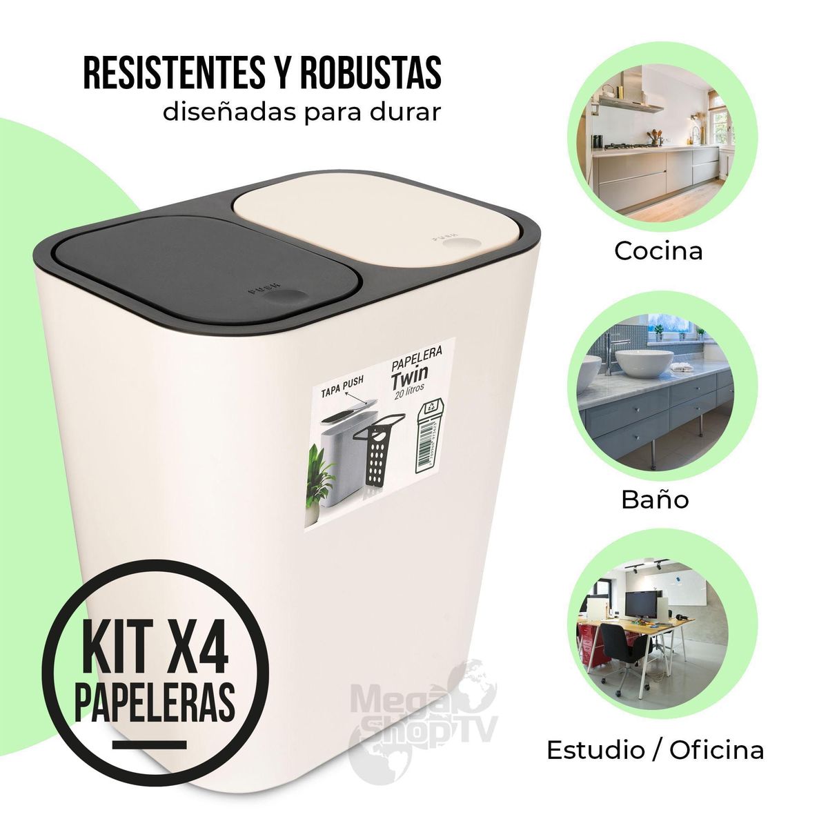 ENERGY PLUS - Kit: 4 papeleras de basura doble compartimiento Push Blanco