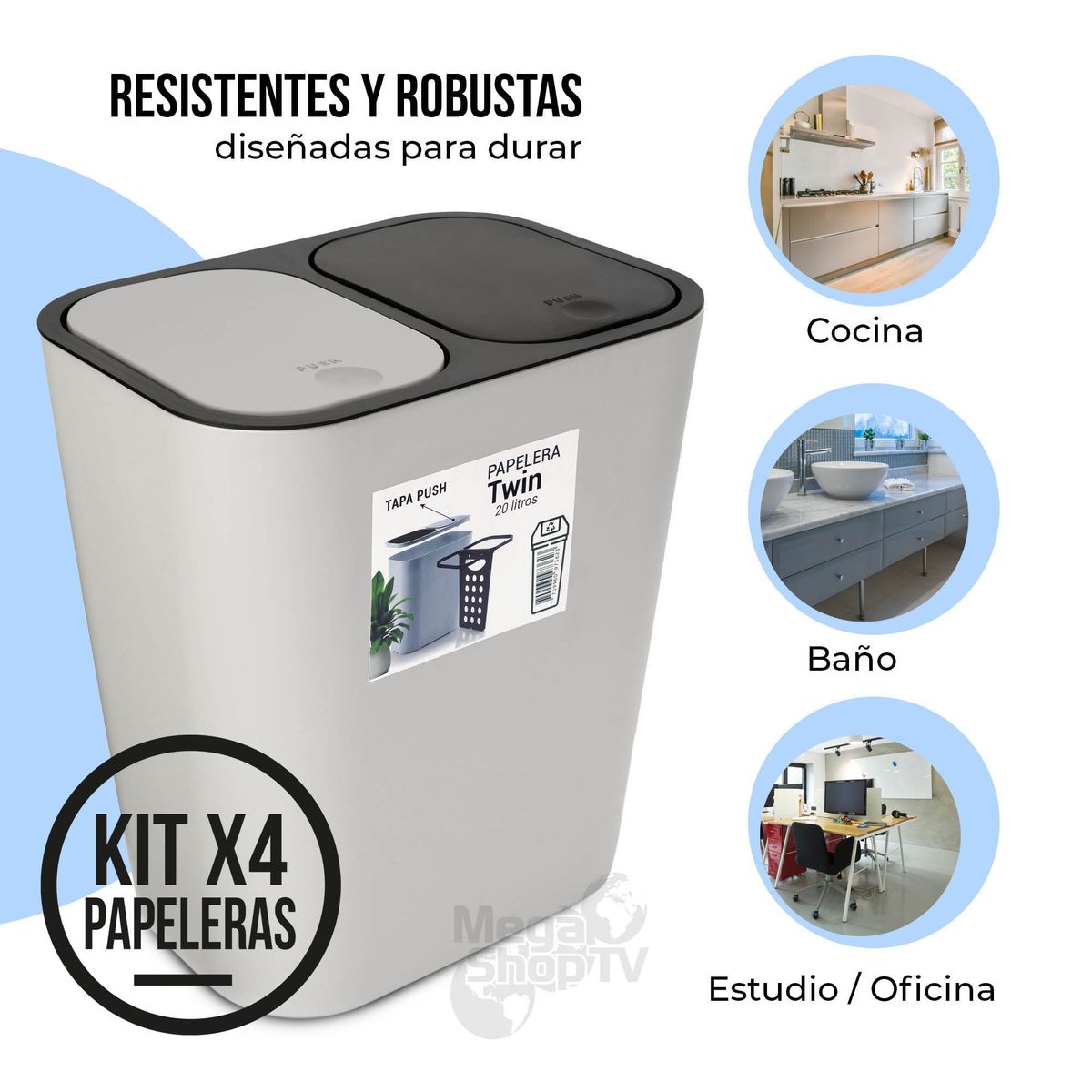 ENERGY PLUS - Kit: 4 papeleras de basura doble compartimiento Push Gris