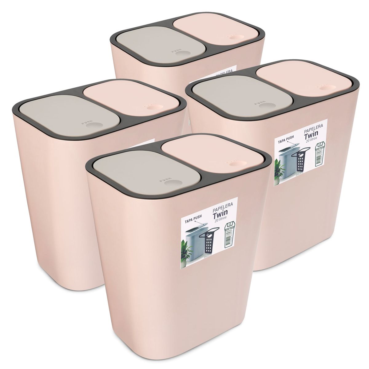 ENERGY PLUS - Kit: 4 papeleras de basura doble compartimiento Palo Rosa
