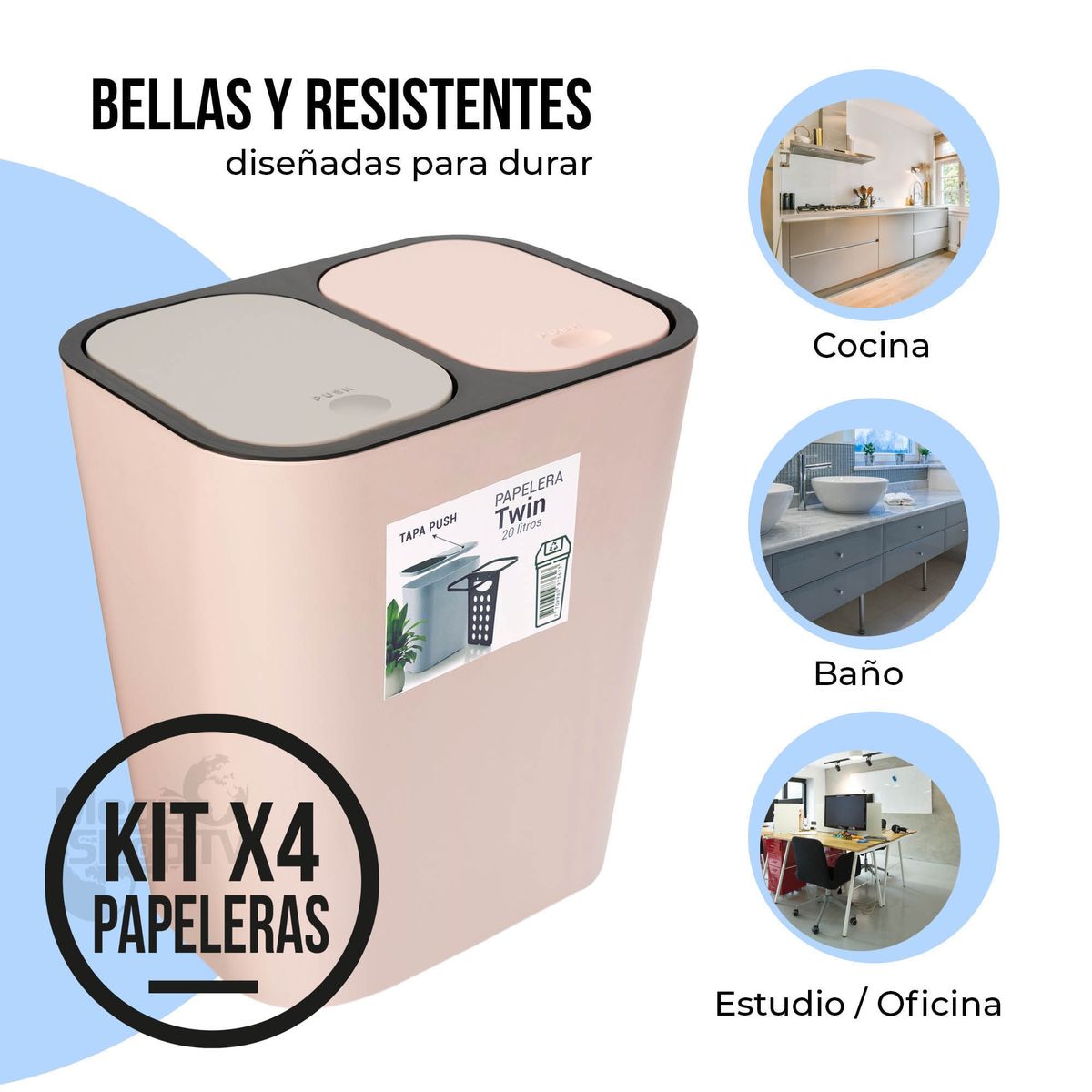 ENERGY PLUS - Kit: 4 papeleras de basura doble compartimiento Palo Rosa