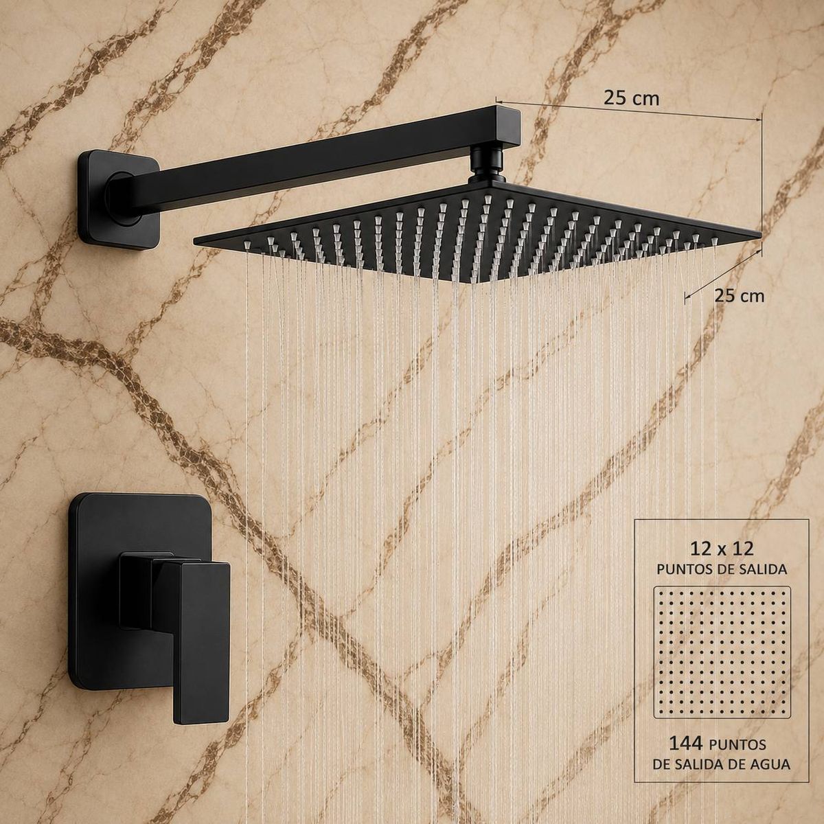 GENERICO - Mezclador Ducha Negro Quadratto + Ducha 25 Cm Y Tubo Pared