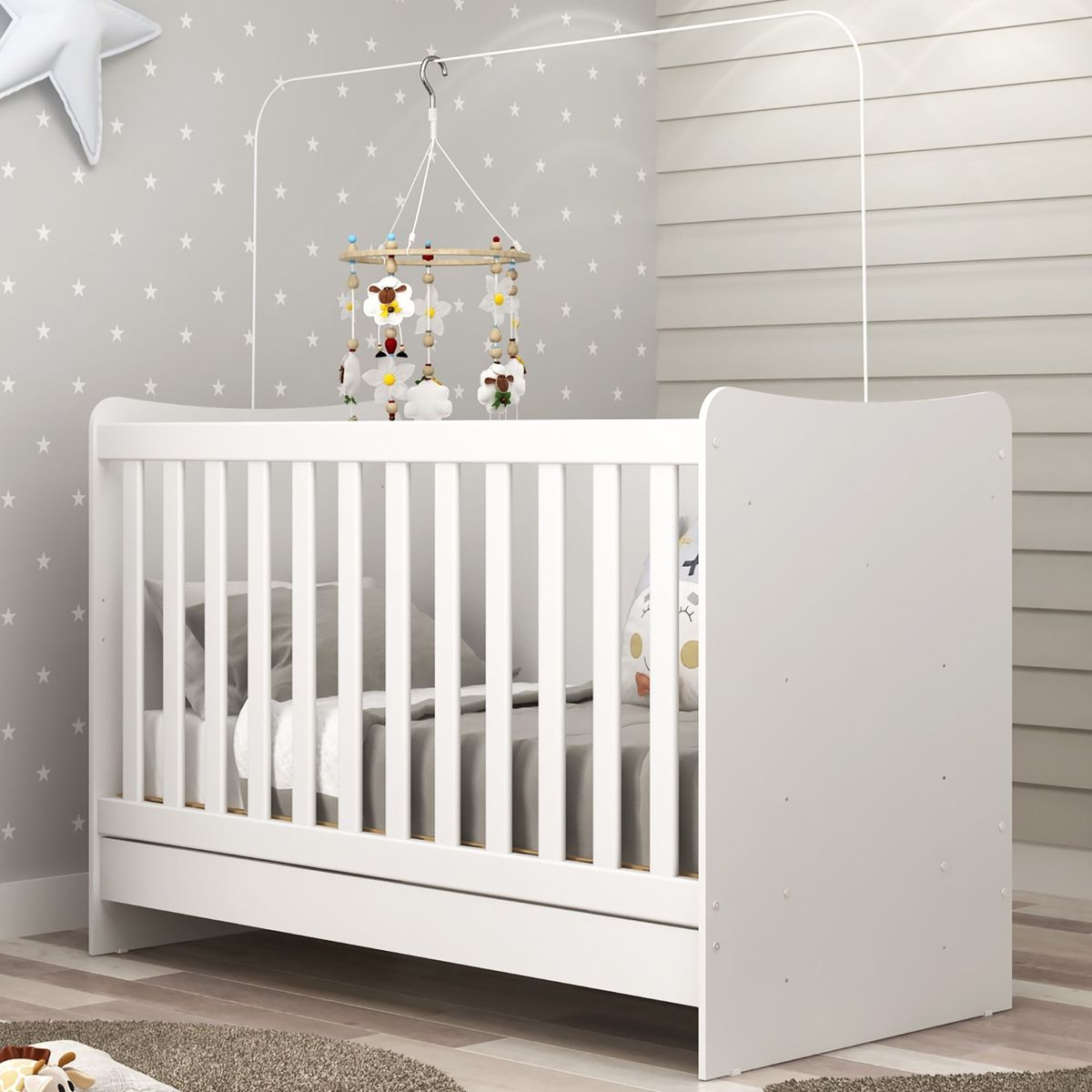 AKIVOY - Cuna + Colchón  4 en 1 Mini Cama, Sofá, Escritorio Blanco-_.