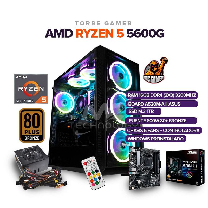 POWER GROUP - TORRE GAMER RYZEN 5 5600G/16 GB /1TB SSD M.2 /BOARD A520M-A / CHASIS 4FANS