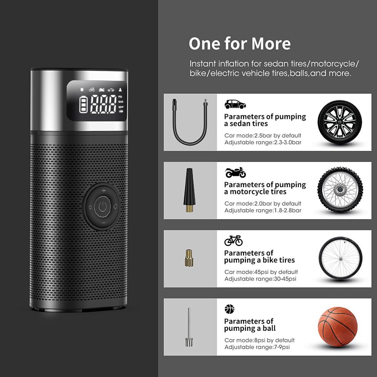 CARSUN - Inflador Electrico De Llantas Compresor Portatil Recargable