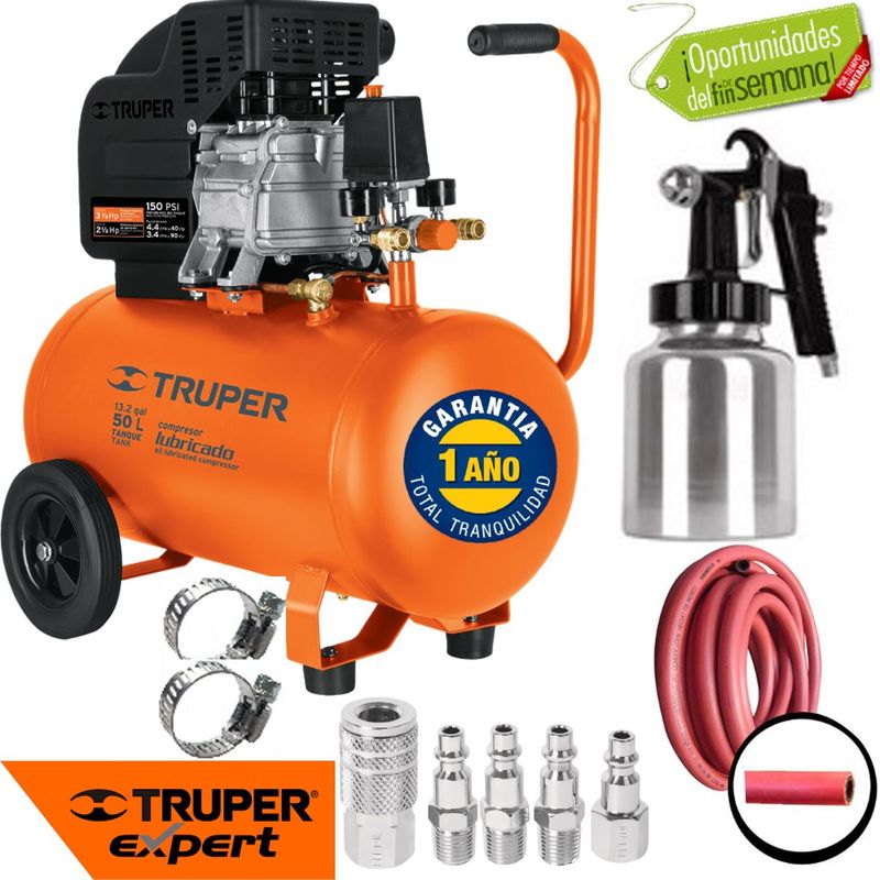 TRUPER - Compresor Aire 50 Lt Gratis Pistola Manguera 3 1/2 HP Truper