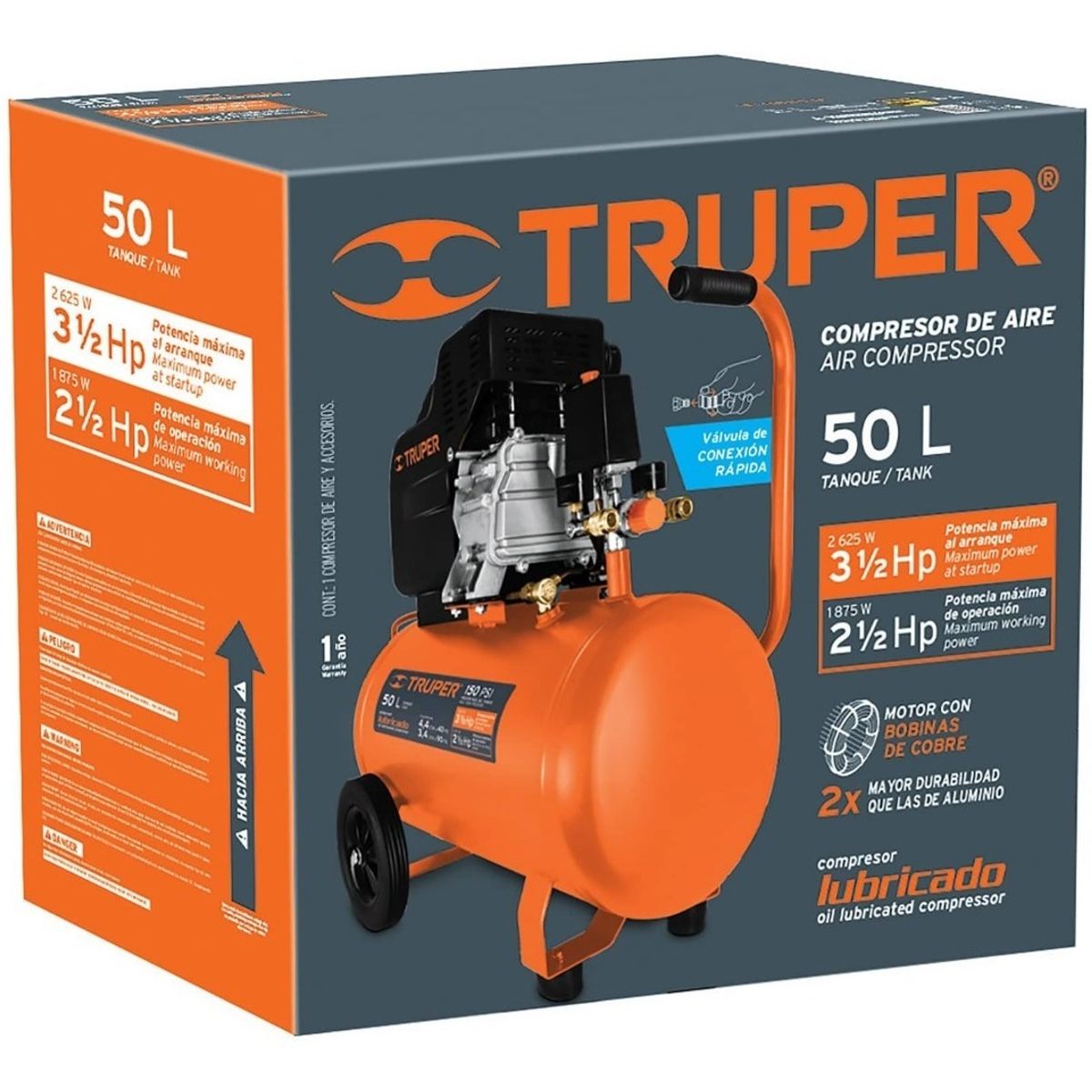 TRUPER - Compresor Aire 50 Lt Gratis Pistola Manguera 3 1/2 HP Truper