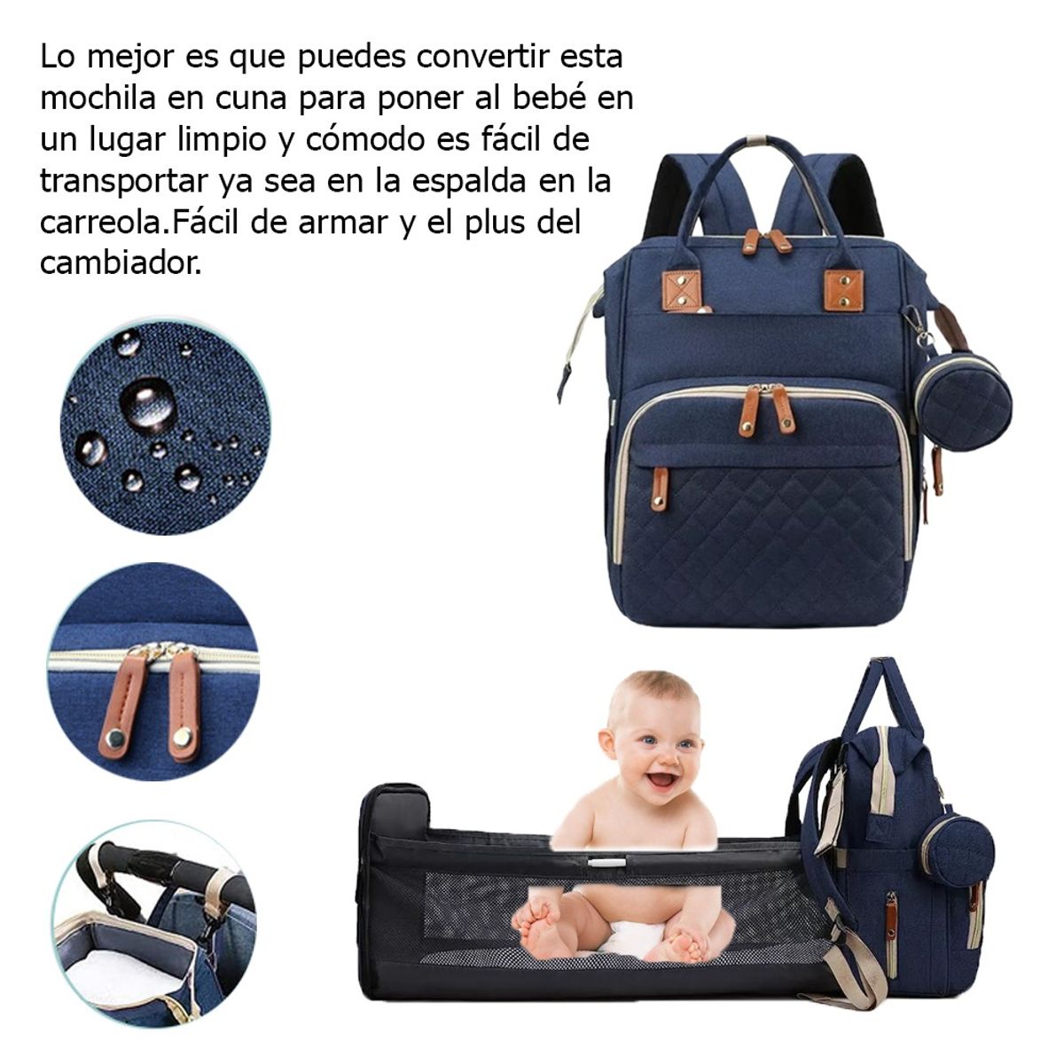 GENERICO - Pañalera Multifuncional Para Bebés Cuna Impermeable - AZUL