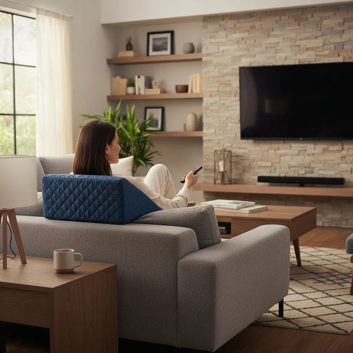 IKSA - Cojín Lumbar Azul en Tela Termosellada y Relleno De Espuma Rosada