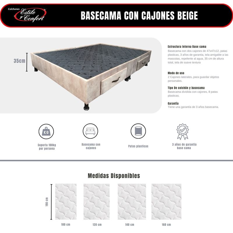 ESTILO Y CONFORT - Basecama con Cajones 160x190 tela beige.