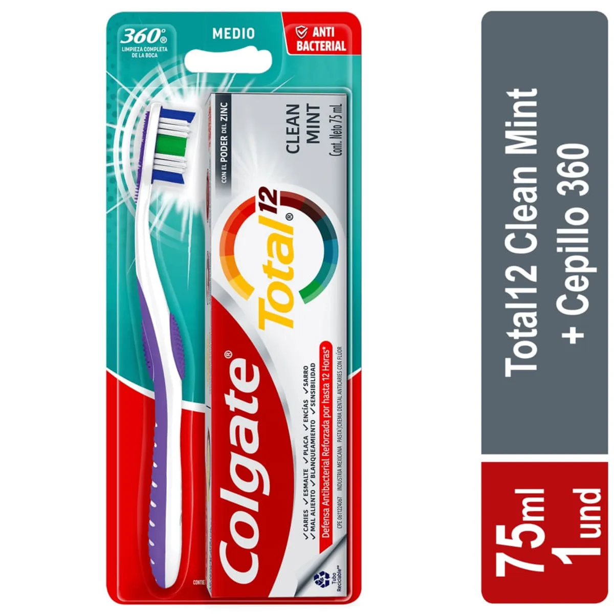 COLGATE - Cepillo de Dientes Medio Colgate 360° x2 + Crema Dental Total