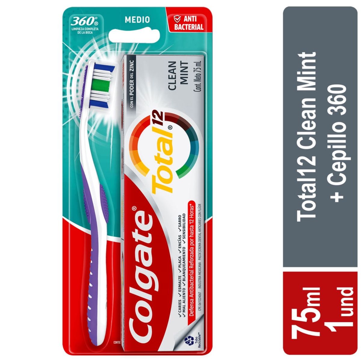 COLGATE - Cepillo de Dientes Medio Colgate 360° x2 + Crema Dental Total