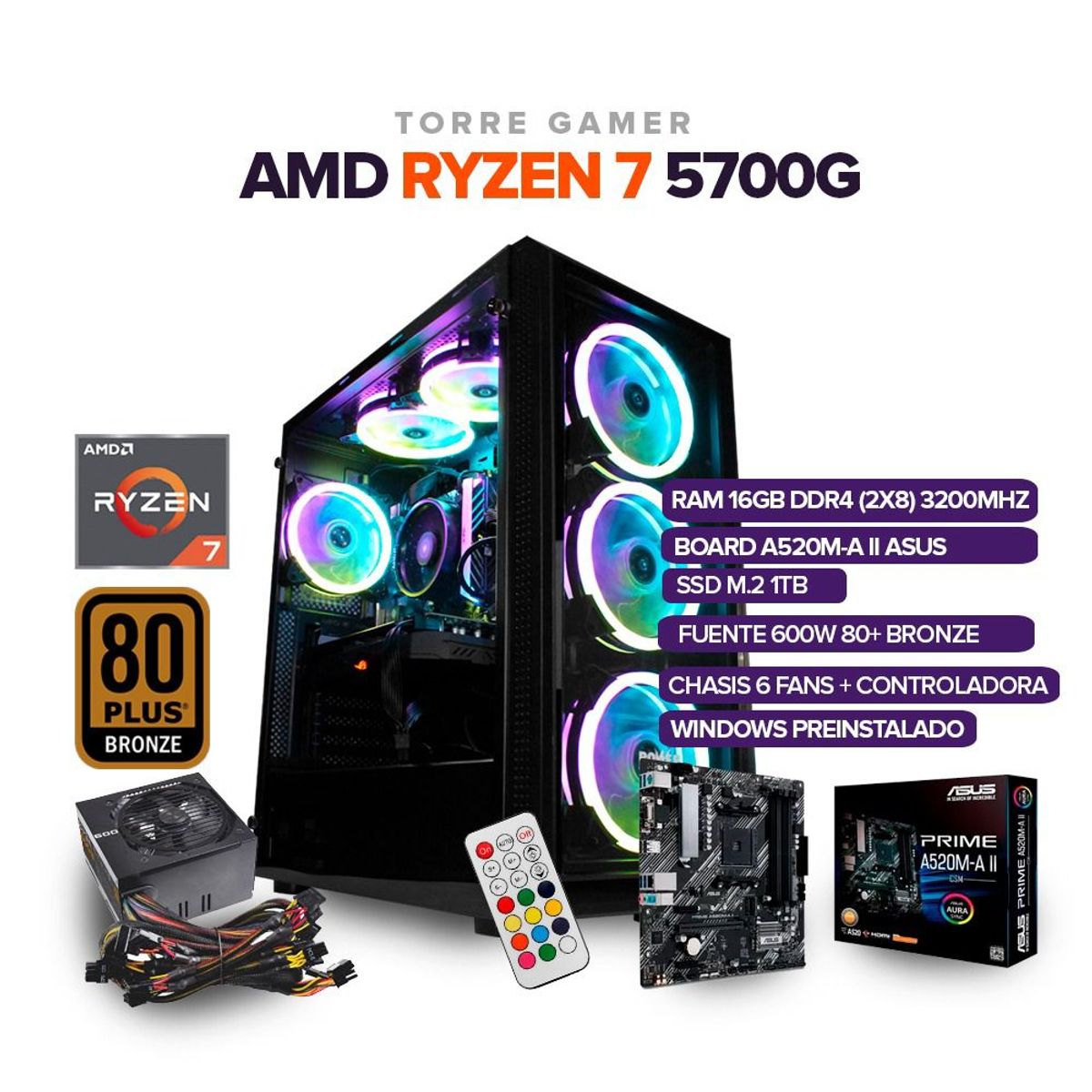 POWER GROUP - TORRE GAMER RYZEN 7 5700G 16GB RAM RGB /1TB M.2/BOARD ASUS  A520M-A II