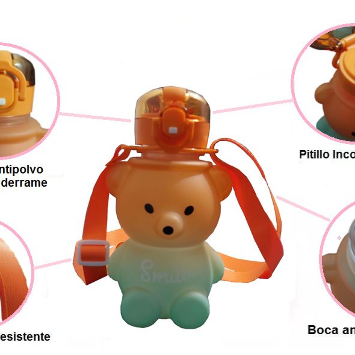 GENERICO - Botella Termo Motivacional  para Agua Oso Osito Naranja-Verde + Stickers