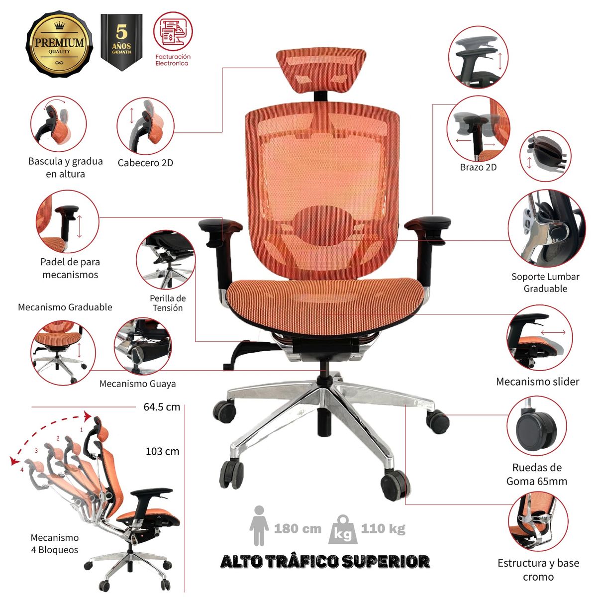 MUEBLESYA - SILLA DE OFICINA PREMIUM MEDELLIN PRESIDENTE NARANJA