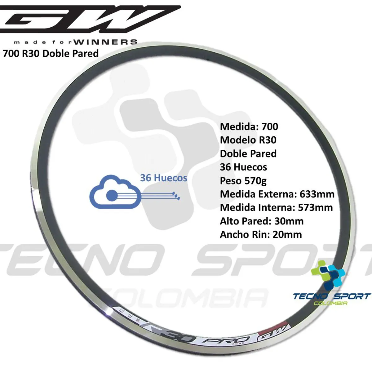 GW - Rin Bicicleta 700 Gw Ruta Doble Pared Aro 36h X2 Unidades