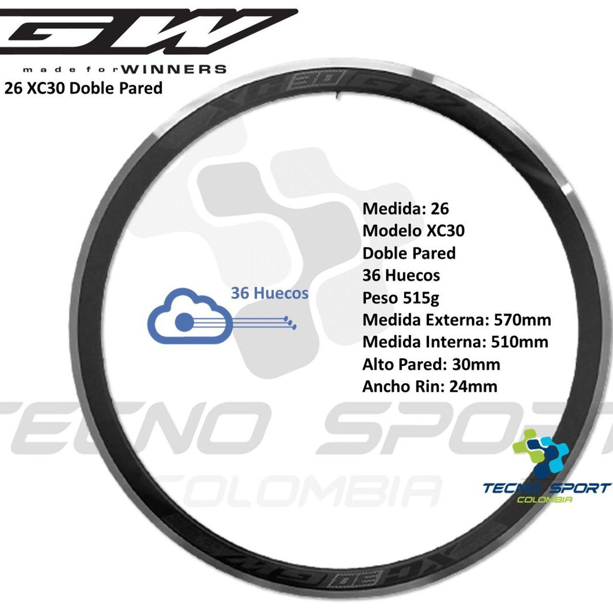GW - Rin Bicicleta 26 Gw Mtb Doble Pared Aro Aluminio 36 Huecos