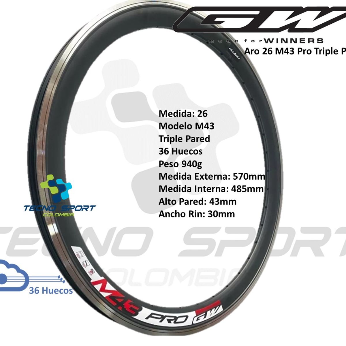 GW - Rin Bicicleta 26 Gw Mtb Triple Pared Aro Aluminio 36 Huecos