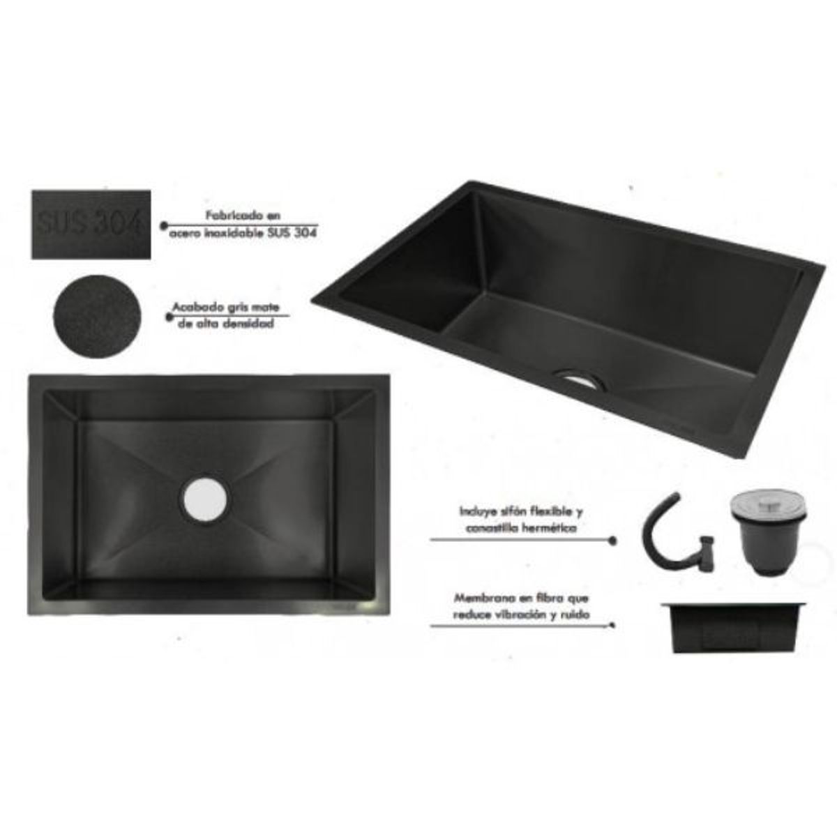 GENERICO - Lavaplatos Anti-Vibratorio 60cm X 40cm Acero Negro