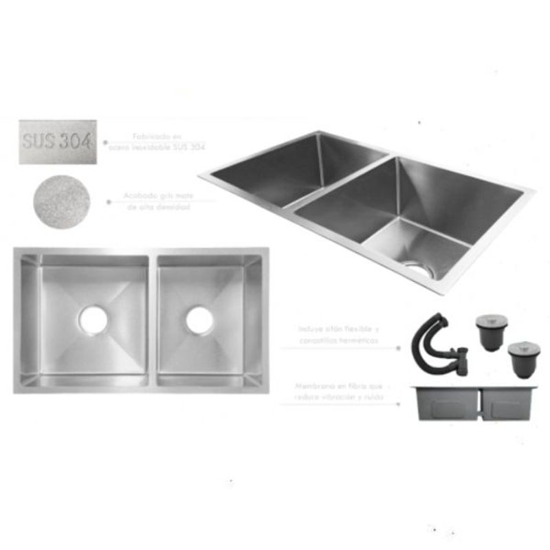 GENERICO - Lavaplatos Doble Poceta Anti Ruido 78cm X 41cm X 21 Cm Acero 304 Tames