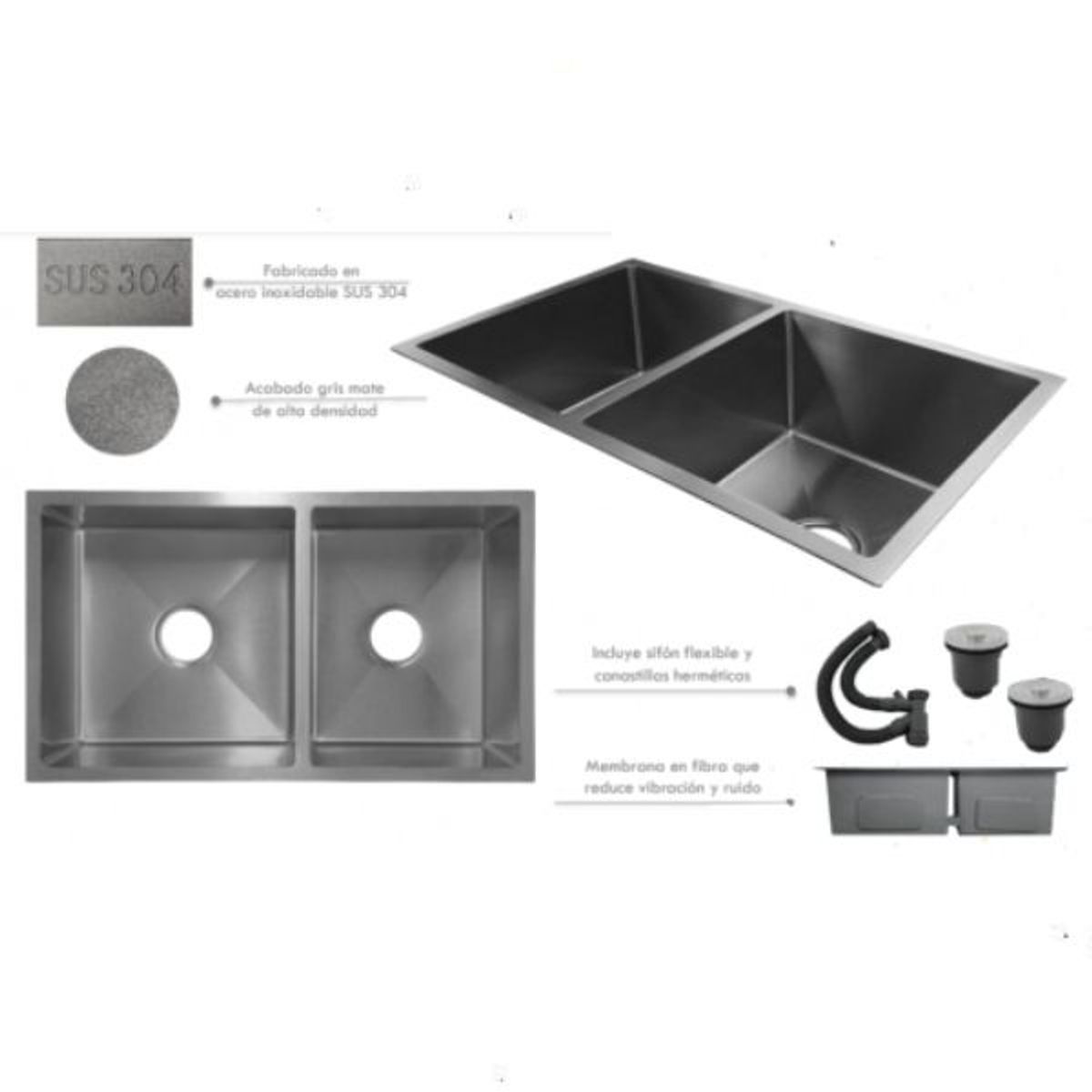 GENERICO - Lavaplatos Doble Poceta Anti Ruido 78cm X 41cm X 21 Cm Acero Grafito