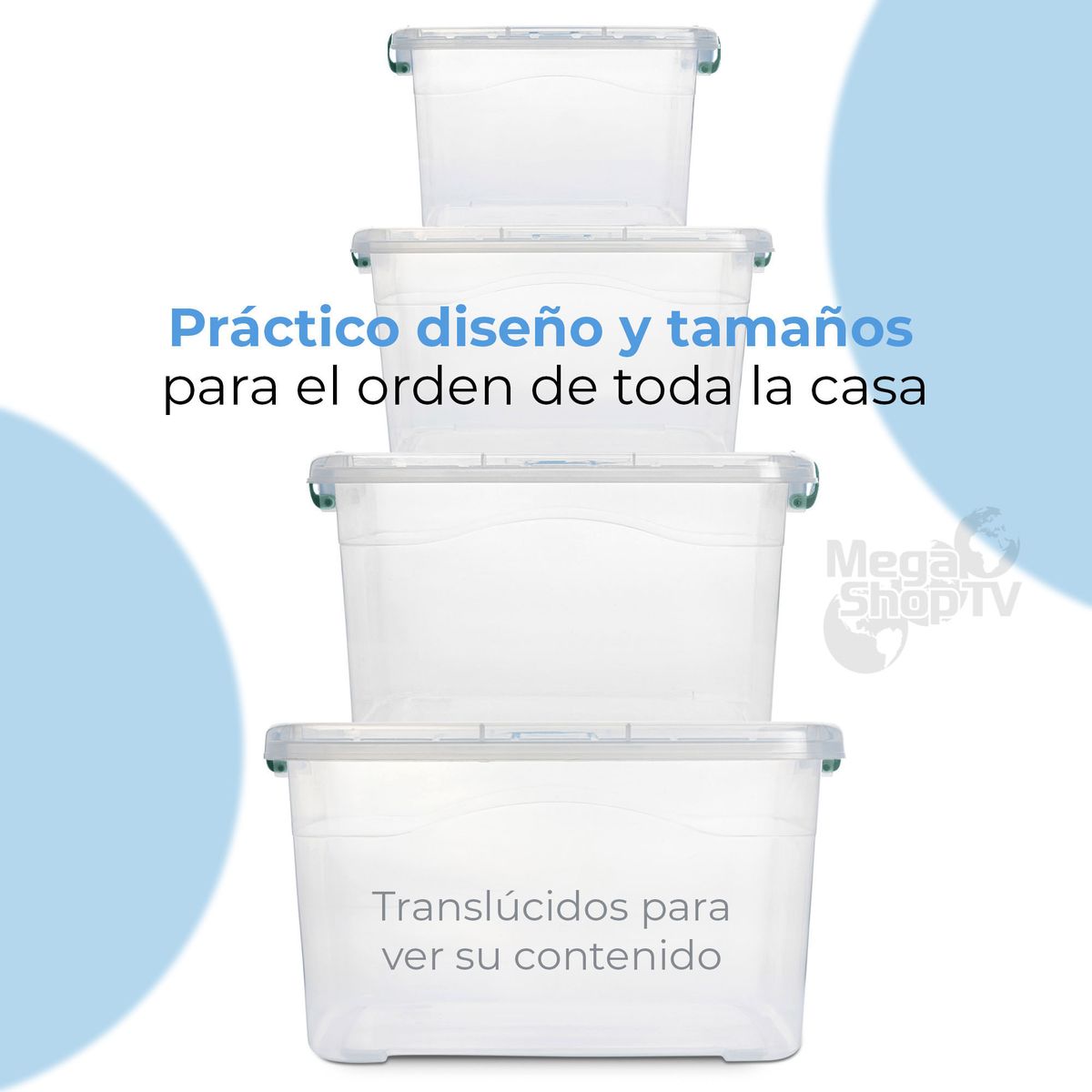 ENERGY PLUS - Kit 4 cajas organizadoras plásticas transparentes con tapa Verde