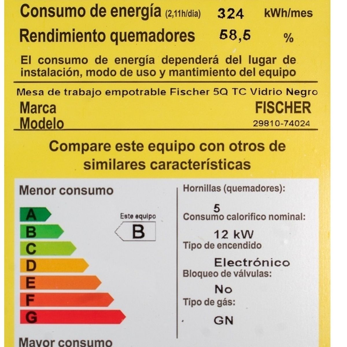FISCHER - Estufa Empotrar 5Q gas Triple llama Vidrio Negro Marca Fischer