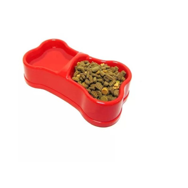 HALLY PET - Comedero Doble Hueso Plastico Mediano Rojo.