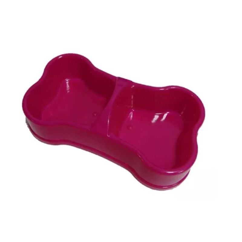HALLY PET - Comedero Doble Hueso Plástico Mediano Rosado.