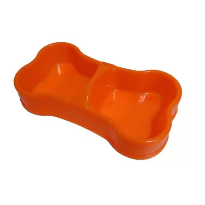 HALLY PET - Comedero Doble Hueso Plástico Mediano Naranja.